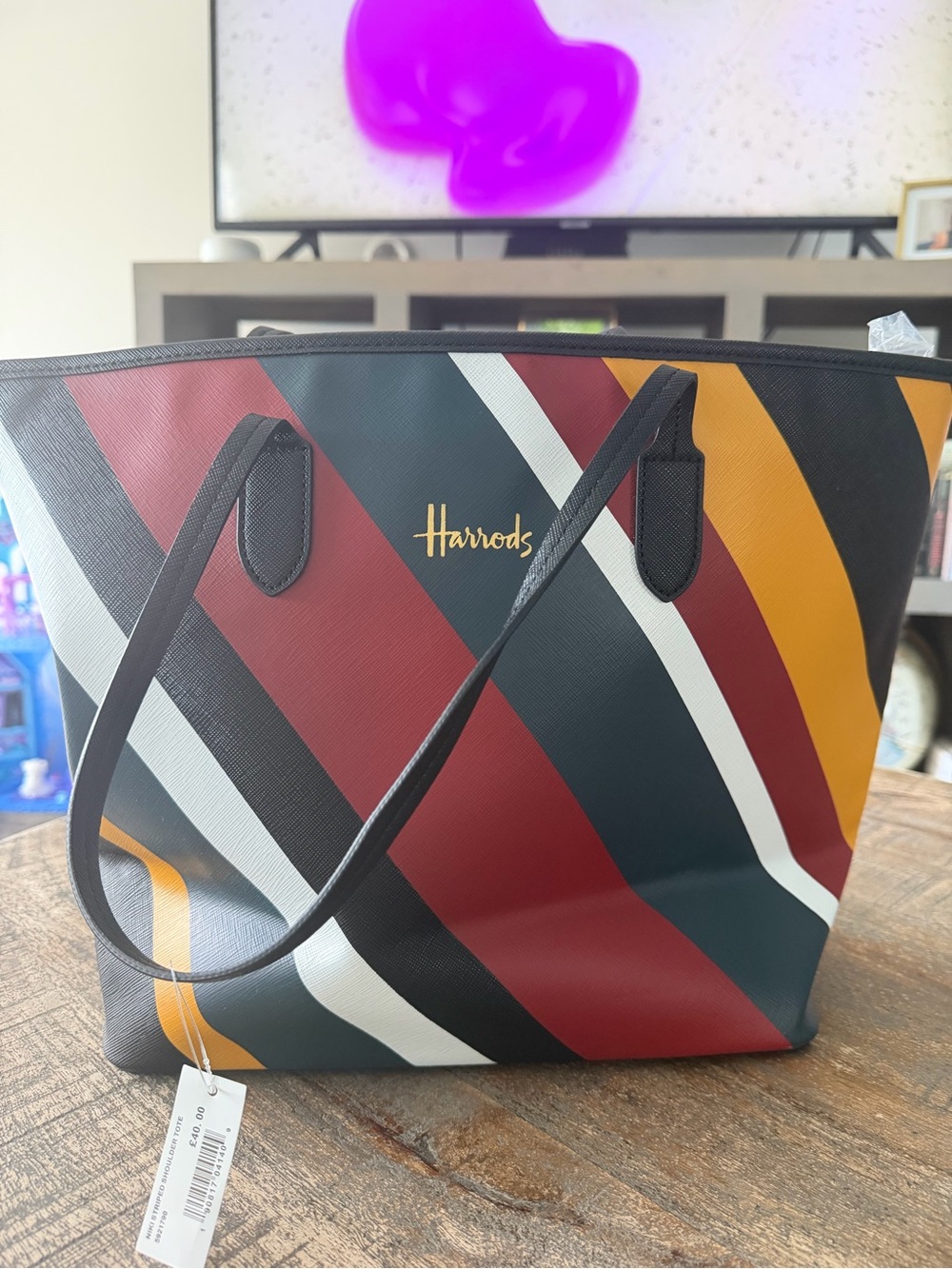 Harrods Multicolor Diagonal Stripe Tote - Red, Black, White & Mustard